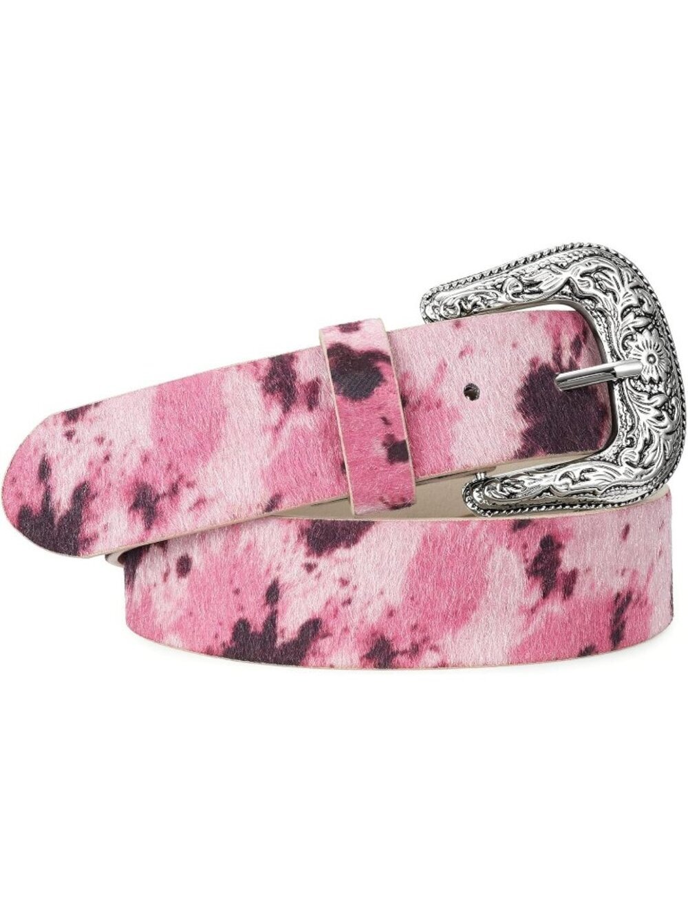 Unisex Cow Print-pink Leather Belt Vintage Western Cowboy Engraved Buckle Belt